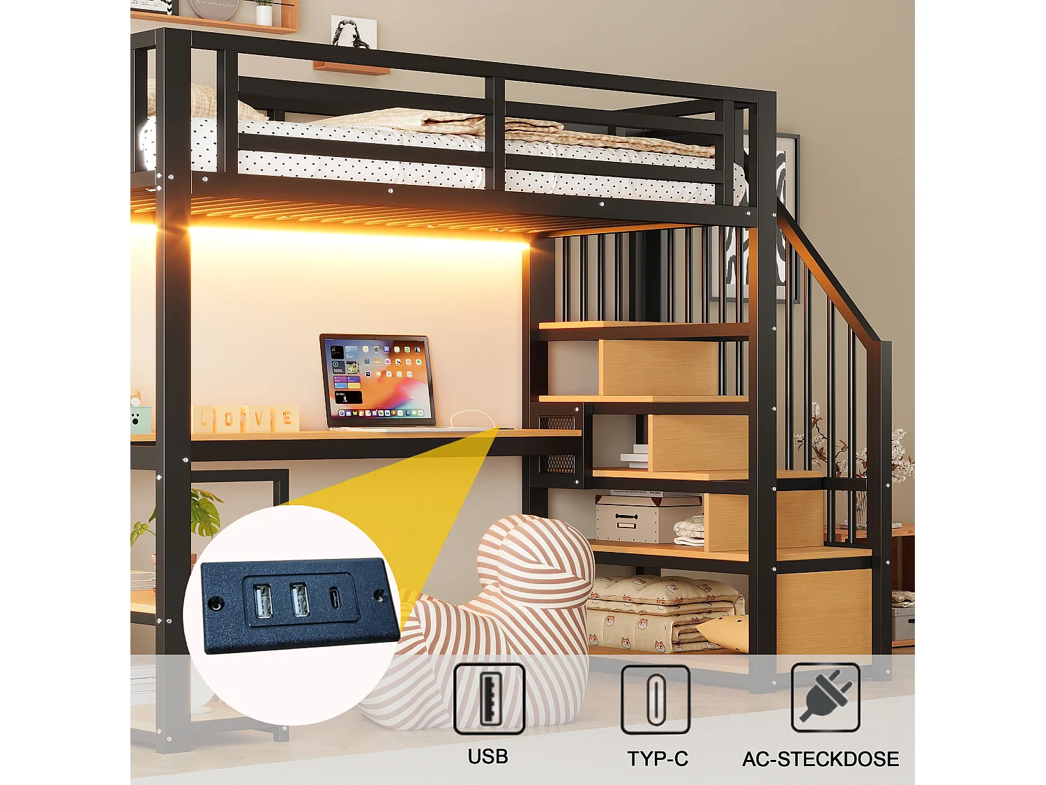 Lit mezzanine en métal pour enfant - 90 x 200 cm - avec Leds + prise + échelle de rangement + étagères + table - noir