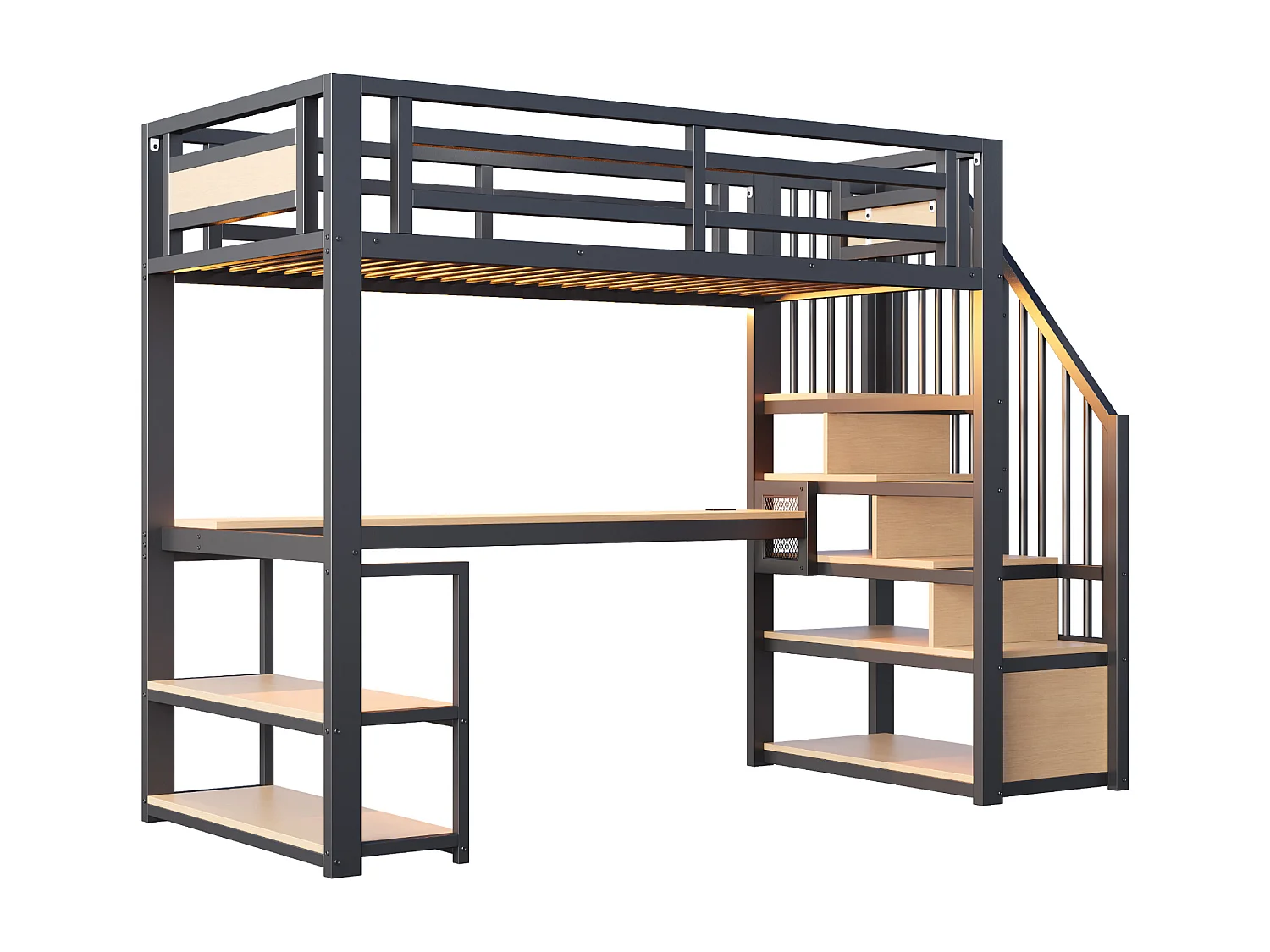 Lit mezzanine en métal pour enfant - 90 x 200 cm - avec Leds + prise + échelle de rangement + étagères + table - noir