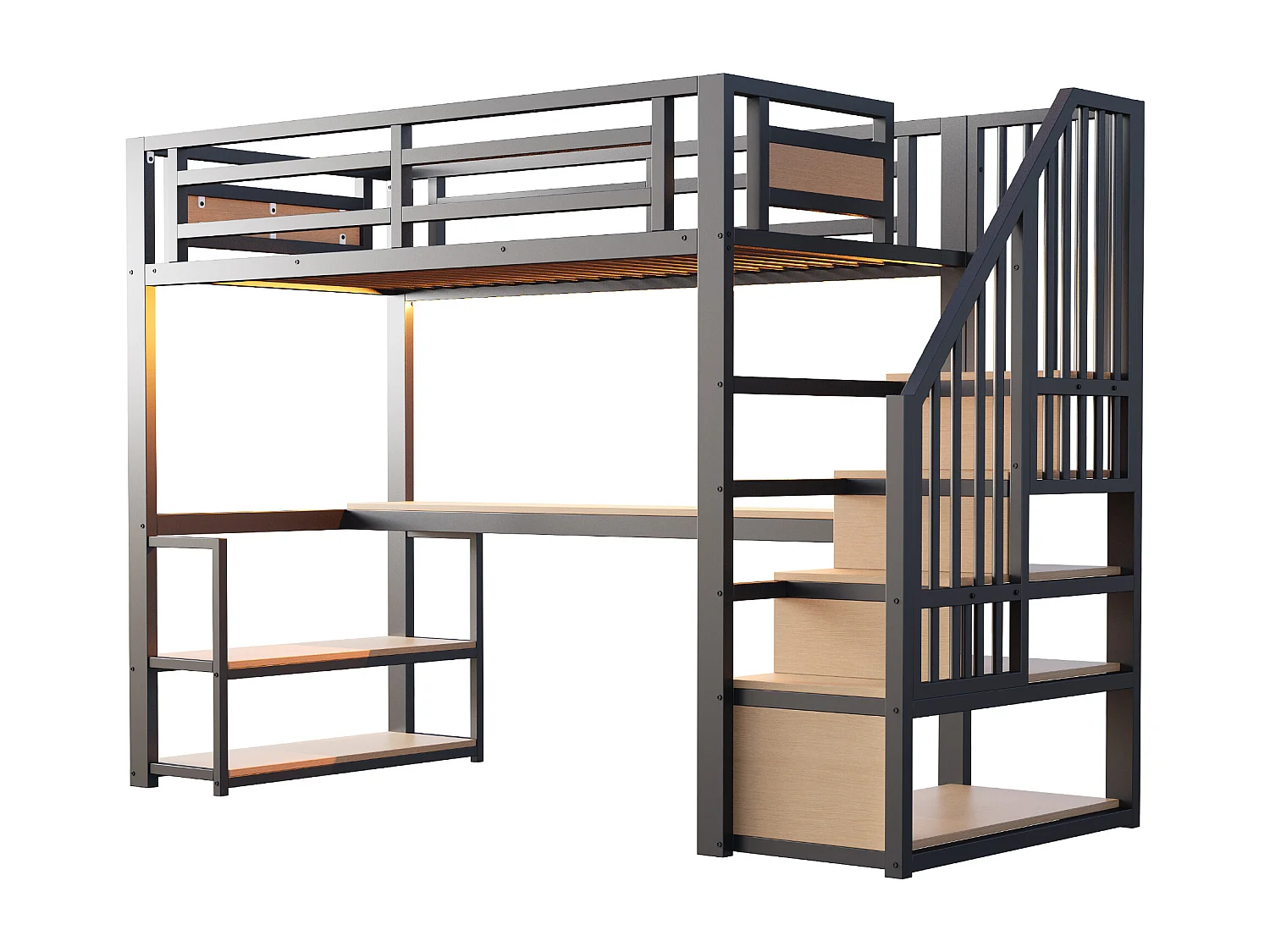 Lit mezzanine en métal pour enfant - 90 x 200 cm - avec Leds + prise + échelle de rangement + étagères + table - noir