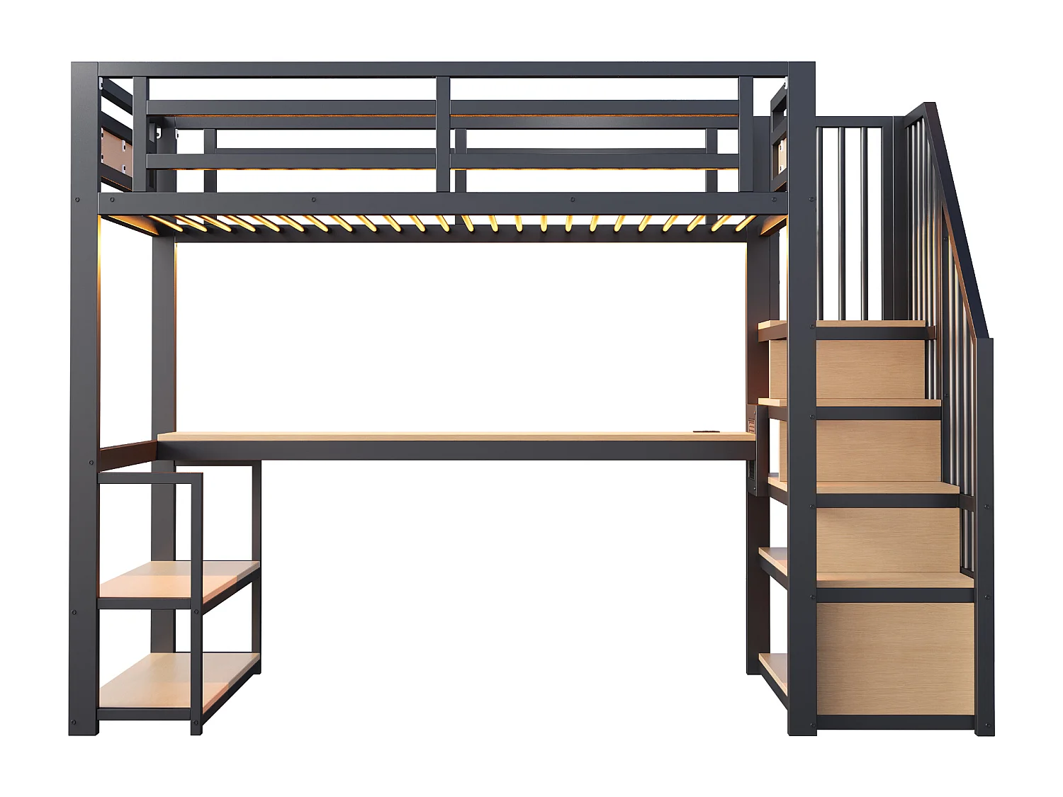 Lit mezzanine en métal pour enfant - 90 x 200 cm - avec Leds + prise + échelle de rangement + étagères + table - noir