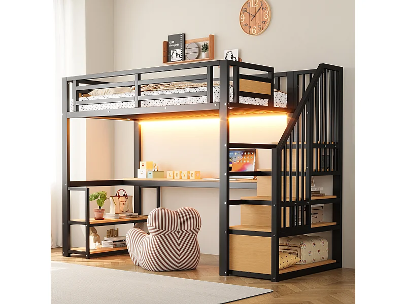 Lit mezzanine en métal pour enfant - 90 x 200 cm - avec Leds + prise + échelle de rangement + étagères + table - noir