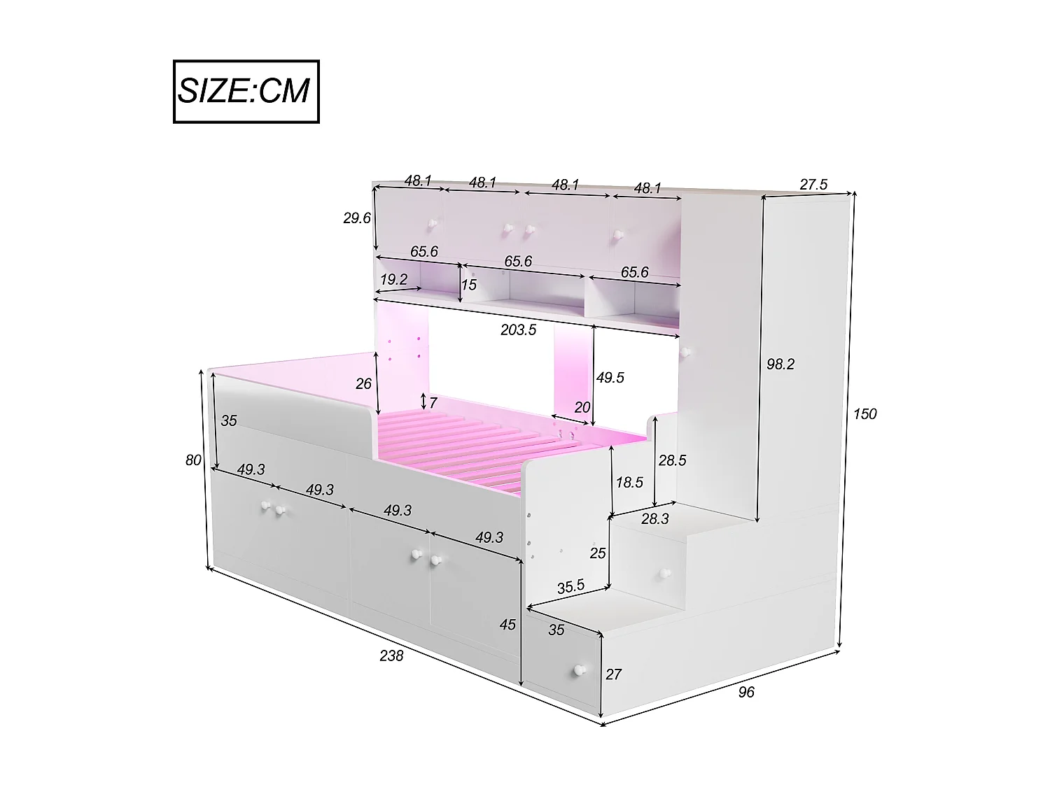 Łóżko dziecięce drewniane - 90 x 200 cm - z pojemnikiem + półki + szafa + oświetlenie LED + barierka zabezpieczająca - białe