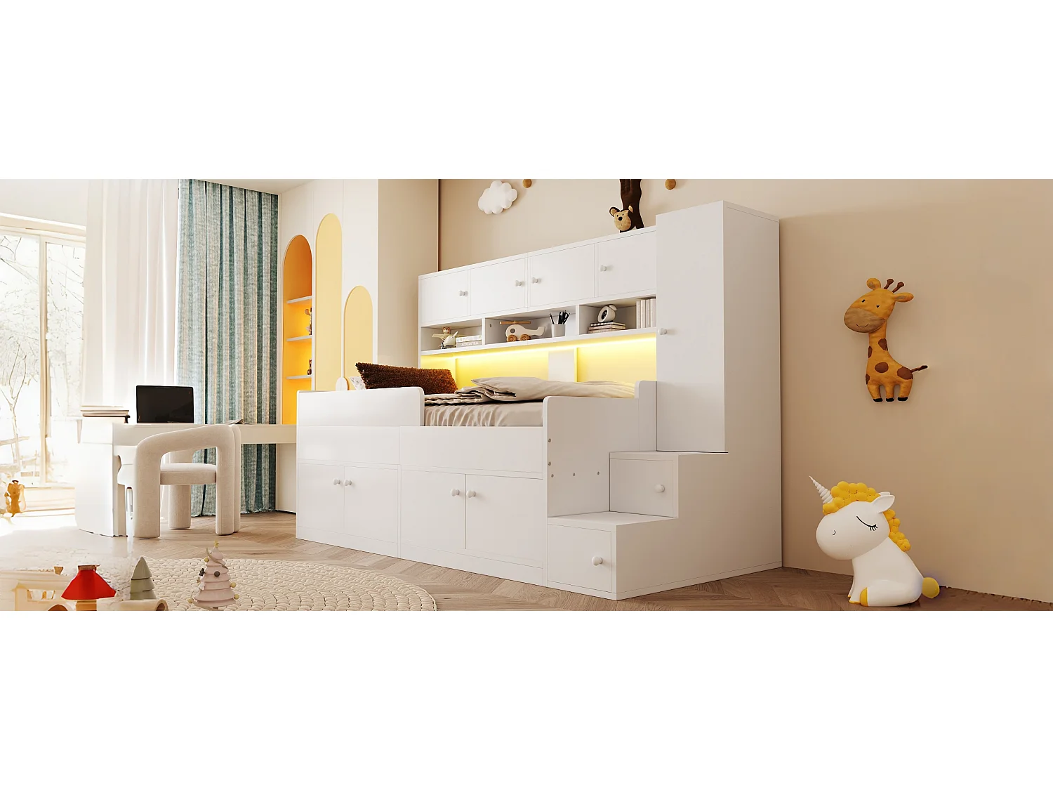 Łóżko dziecięce drewniane - 90 x 200 cm - z pojemnikiem + półki + szafa + oświetlenie LED + barierka zabezpieczająca - białe