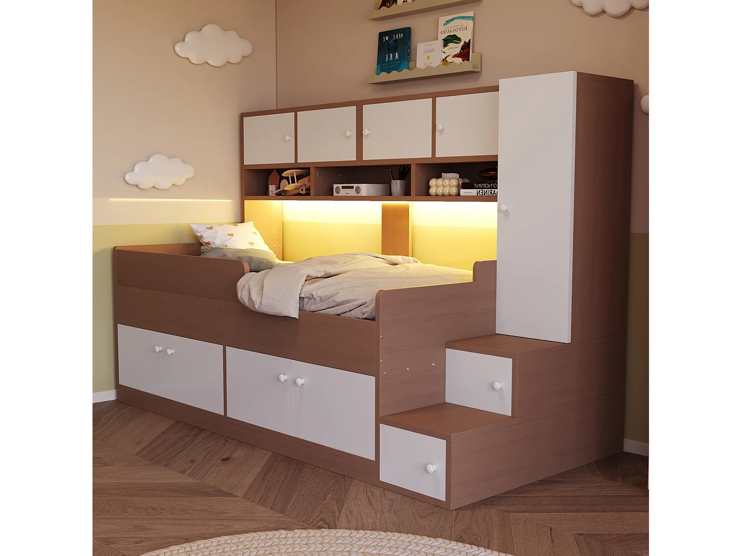 Łóżko dziecięce drewniane - 90 x 200 cm - z pojemnikiem + półki + szafa + oświetlenie LED + barierka ochronna - naturalne