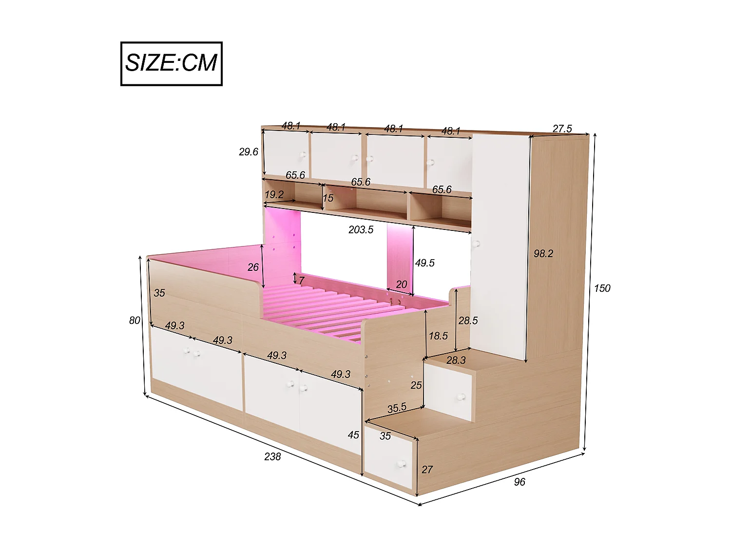 Łóżko dziecięce drewniane - 90 x 200 cm - z pojemnikiem + półki + szafa + oświetlenie LED + barierka ochronna - naturalne