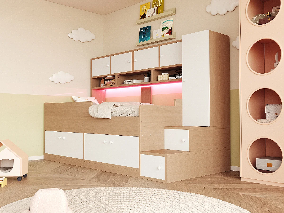 Łóżko dziecięce drewniane - 90 x 200 cm - z pojemnikiem + półki + szafa + oświetlenie LED + barierka ochronna - naturalne