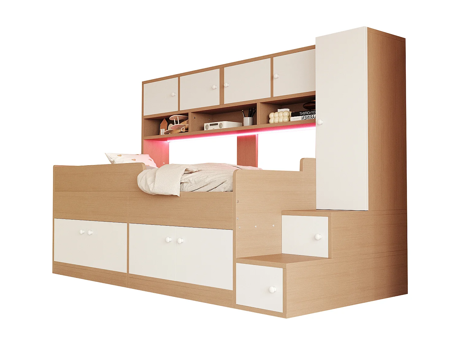 Łóżko dziecięce drewniane - 90 x 200 cm - z pojemnikiem + półki + szafa + oświetlenie LED + barierka ochronna - naturalne