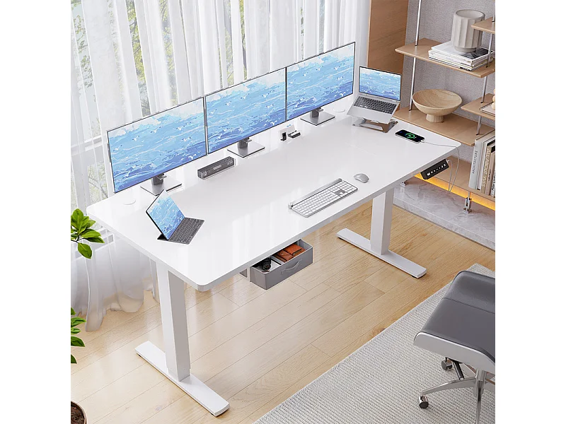 Bureau assis-debout électrique 140x80cm, réglable en hauteur avec tiroirs, port USB-A, gestion des câbles, 10 positions de mémoire, cadre sur pied, moderne.