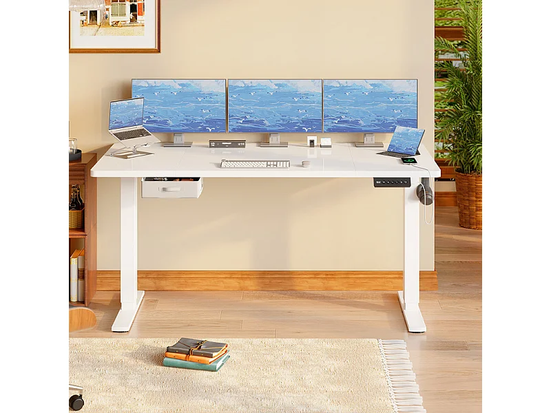 Bureau assis-debout électrique 140x80cm, réglable en hauteur avec tiroirs, port USB-A, gestion des câbles, 10 positions de mémoire, cadre sur pied, moderne.