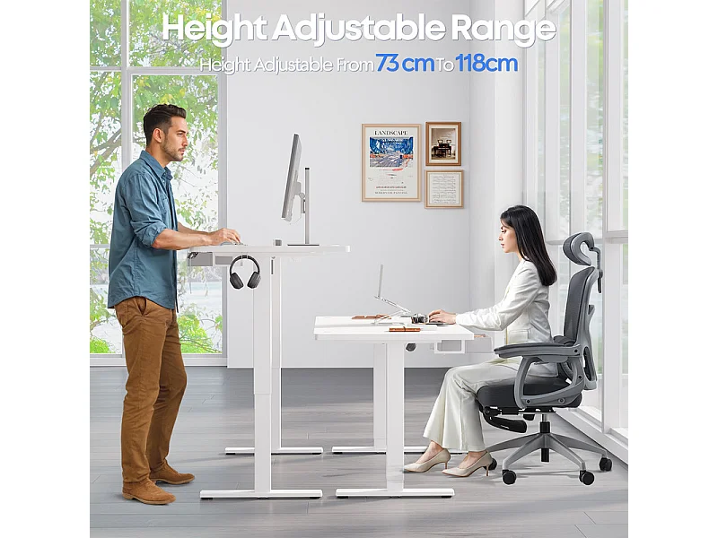 Bureau assis-debout électrique 140x80cm, réglable en hauteur avec tiroirs, port USB-A, gestion des câbles, 10 positions de mémoire, cadre sur pied, moderne.