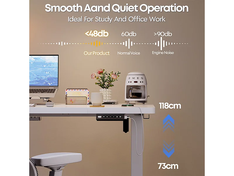 Bureau assis-debout électrique 140x80cm, réglable en hauteur avec tiroirs, port USB-A, gestion des câbles, 10 positions de mémoire, cadre sur pied, moderne.