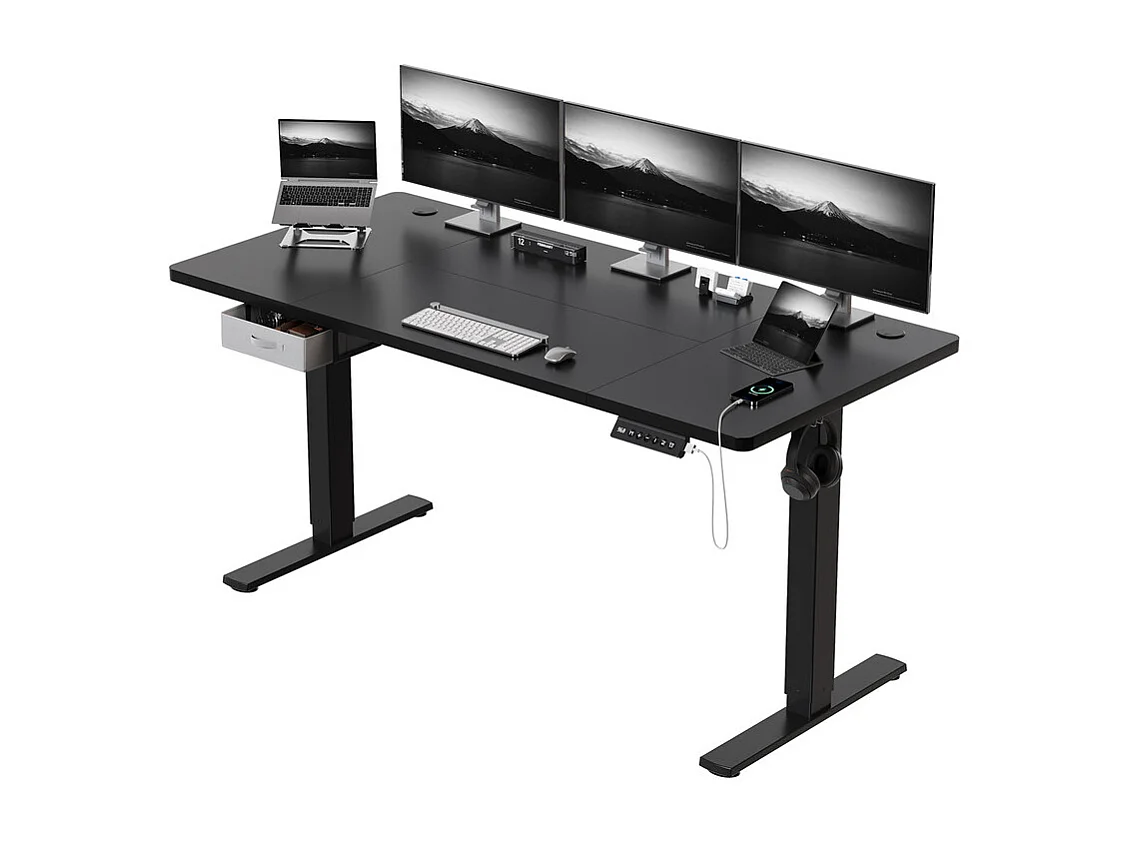 Bureau assis-debout électrique 140x80cm, réglable en hauteur avec tiroirs, port USB-A, gestion des câbles, 8 positions de mémoire, cadre sur pied, moderne.