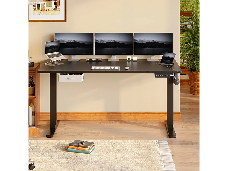 Bureau assis-debout électrique 140x80cm, réglable en hauteur avec tiroirs, port USB-A, gestion des câbles, 8 positions de mémoire, cadre sur pied, moderne.