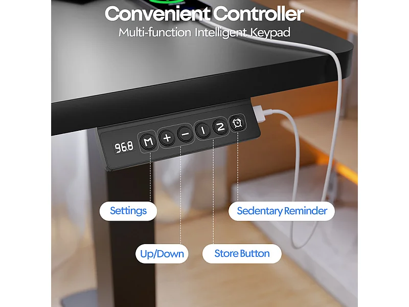 Bureau assis-debout électrique 140x80cm, réglable en hauteur avec tiroirs, port USB-A, gestion des câbles, 8 positions de mémoire, cadre sur pied, moderne.