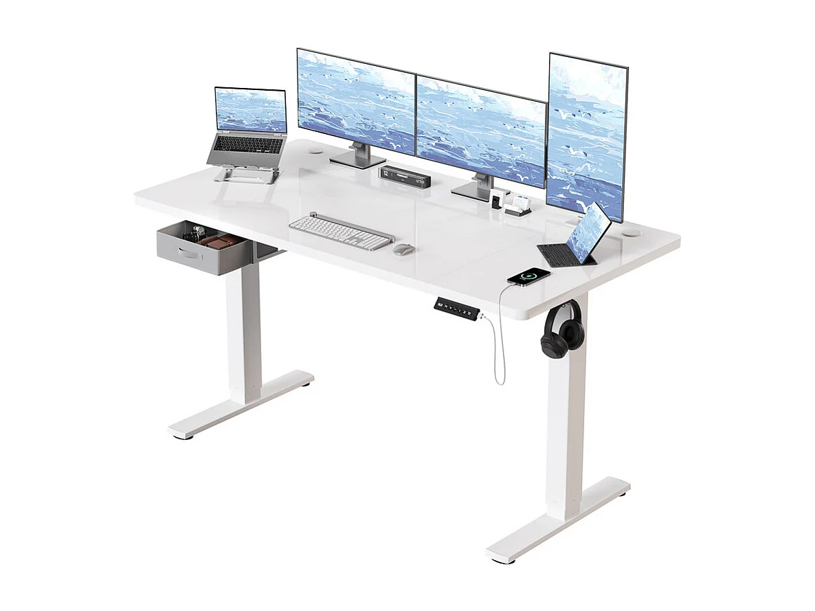 Bureau assis-debout électrique 140x80cm, réglable en hauteur avec tiroirs, port USB-A, gestion des câbles, 7 positions de mémoire, cadre sur pied, moderne.