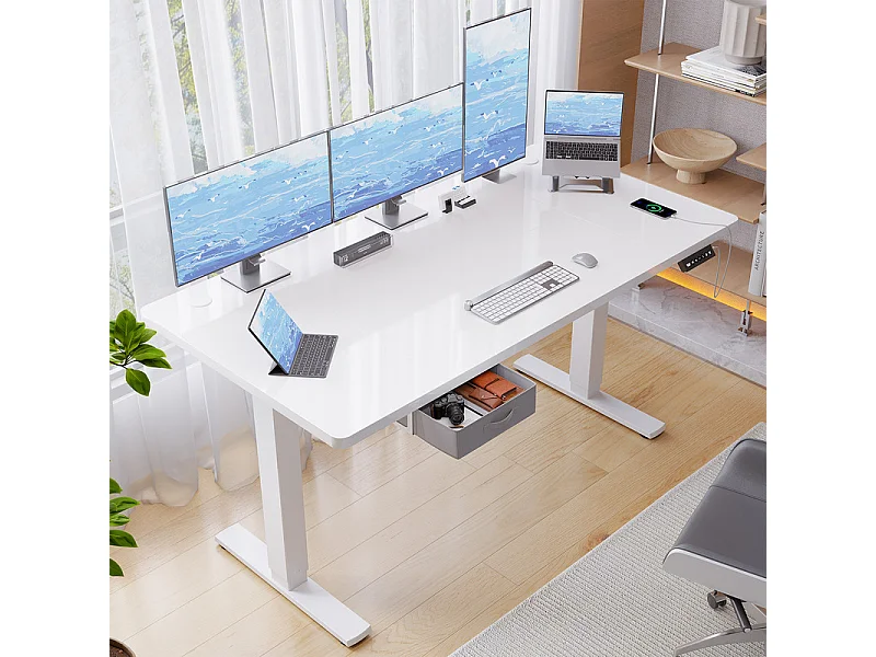Bureau assis-debout électrique 140x80cm, réglable en hauteur avec tiroirs, port USB-A, gestion des câbles, 7 positions de mémoire, cadre sur pied, moderne.