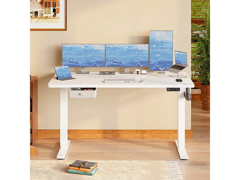 Bureau assis-debout électrique 140x80cm, réglable en hauteur avec tiroirs, port USB-A, gestion des câbles, 7 positions de mémoire, cadre sur pied, moderne.