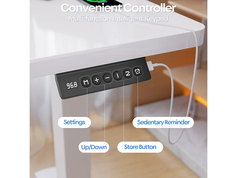 Bureau assis-debout électrique 140x80cm, réglable en hauteur avec tiroirs, port USB-A, gestion des câbles, 7 positions de mémoire, cadre sur pied, moderne.