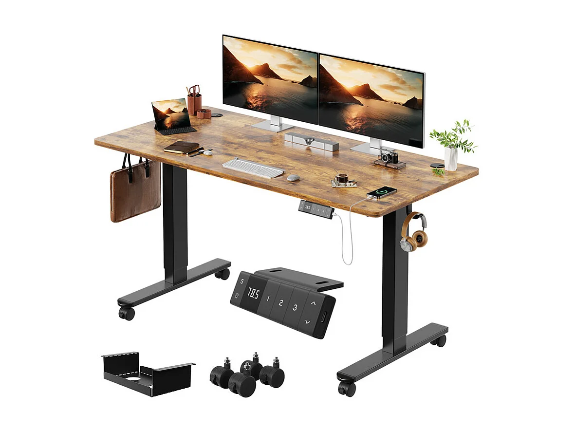 Bureau assis-debout électrique avec port de chargement USB-C, bureau ergonomique à hauteur réglable avec passe-câbles, pour bureau à domicile