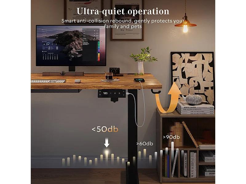 Bureau assis-debout électrique avec port de chargement USB-C, bureau ergonomique à hauteur réglable avec passe-câbles, pour bureau à domicile