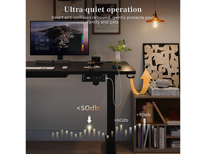 Bureau assis-debout électrique avec port de chargement USB-C, bureau ergonomique à hauteur réglable avec passe-câbles, pour bureau à domicile