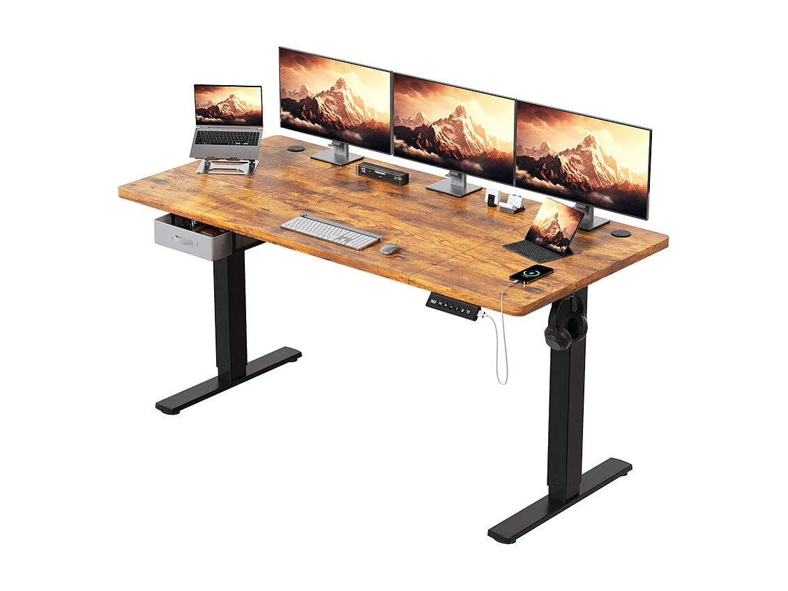 Bureau assis-debout électrique 140x80cm, réglable en hauteur avec tiroirs, port USB-A, gestion des câbles, 13 positions de mémoire, cadre sur pied, moderne.