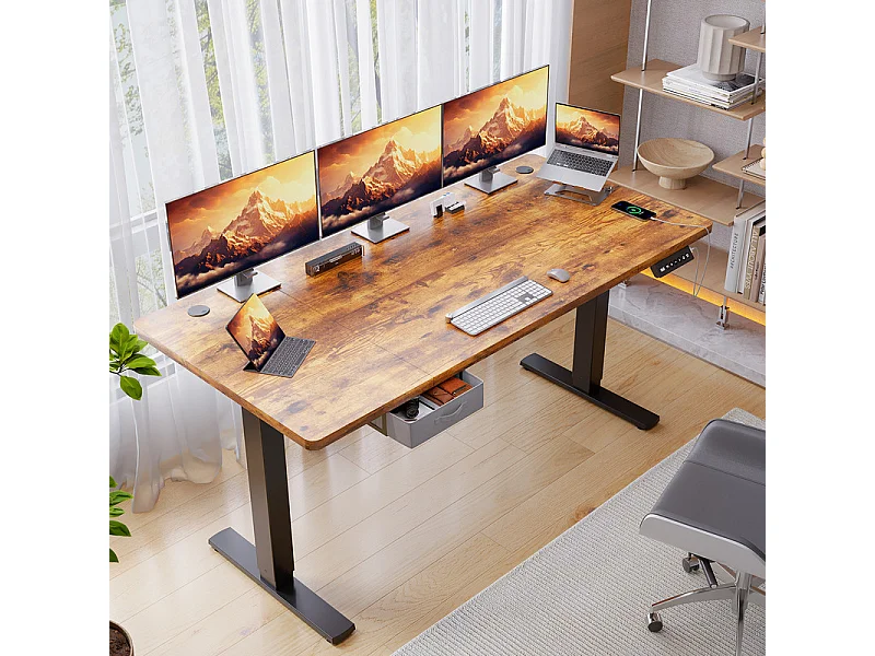 Bureau assis-debout électrique 140x80cm, réglable en hauteur avec tiroirs, port USB-A, gestion des câbles, 13 positions de mémoire, cadre sur pied, moderne.