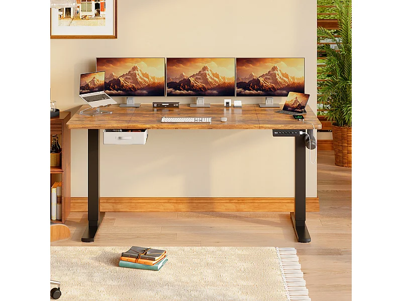 Bureau assis-debout électrique 140x80cm, réglable en hauteur avec tiroirs, port USB-A, gestion des câbles, 13 positions de mémoire, cadre sur pied, moderne.