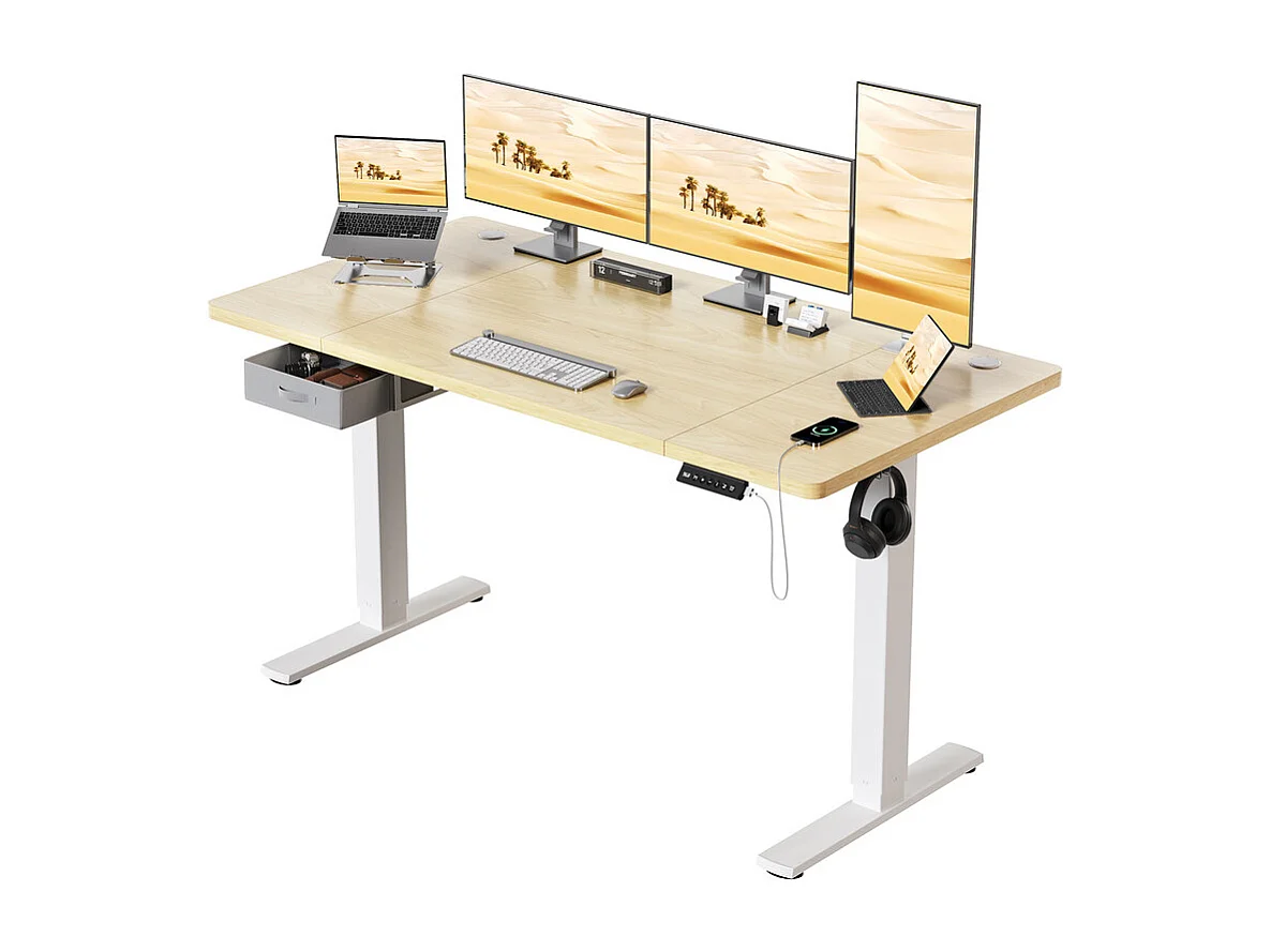 Bureau assis-debout électrique 140x80cm, réglable en hauteur avec tiroirs, port USB-A, gestion des câbles, 6 positions de mémoire, cadre sur pied, moderne.