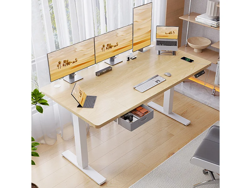 Bureau assis-debout électrique 140x80cm, réglable en hauteur avec tiroirs, port USB-A, gestion des câbles, 6 positions de mémoire, cadre sur pied, moderne.