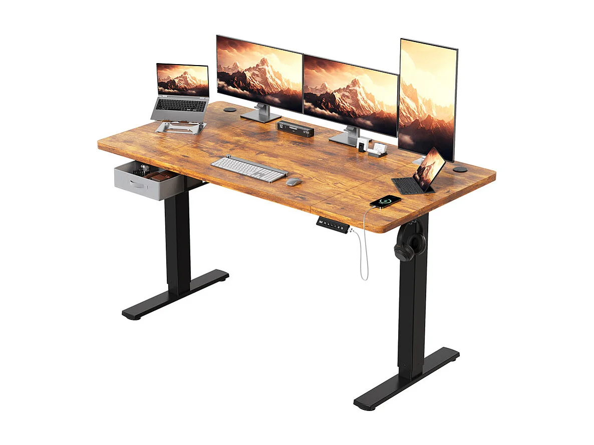 Bureau assis-debout électrique 140x80cm, réglable en hauteur avec tiroirs, port USB-A, gestion des câbles, 12 positions de mémoire, cadre sur pied, moderne.