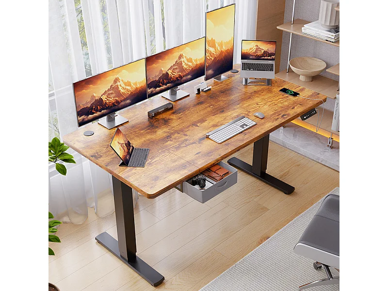 Bureau assis-debout électrique 140x80cm, réglable en hauteur avec tiroirs, port USB-A, gestion des câbles, 12 positions de mémoire, cadre sur pied, moderne.