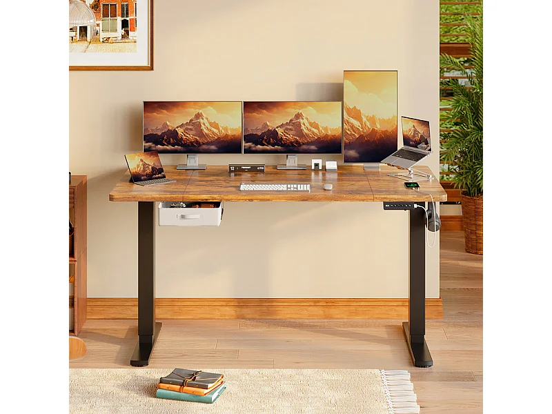Bureau assis-debout électrique 140x80cm, réglable en hauteur avec tiroirs, port USB-A, gestion des câbles, 12 positions de mémoire, cadre sur pied, moderne.
