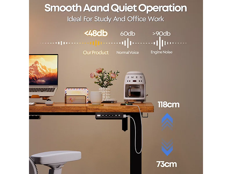 Bureau assis-debout électrique 140x80cm, réglable en hauteur avec tiroirs, port USB-A, gestion des câbles, 12 positions de mémoire, cadre sur pied, moderne.