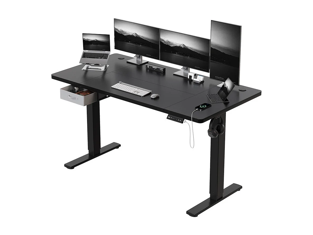 Bureau assis-debout électrique 140x80cm, réglable en hauteur avec tiroirs, port USB-A, gestion des câbles, 5 positions de mémoire, cadre sur pied, moderne.