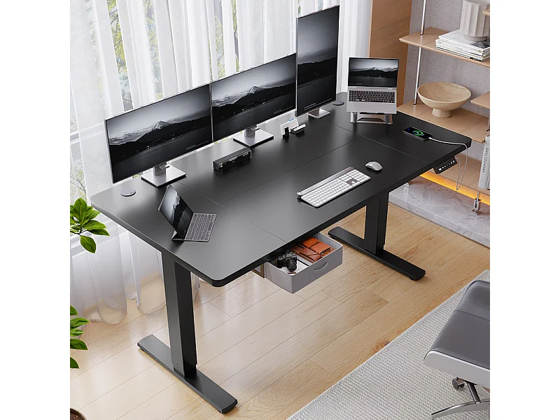 Bureau assis-debout électrique 140x80cm, réglable en hauteur avec tiroirs, port USB-A, gestion des câbles, 5 positions de mémoire, cadre sur pied, moderne.