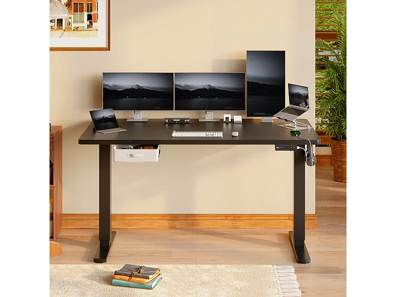 Bureau assis-debout électrique 140x80cm, réglable en hauteur avec tiroirs, port USB-A, gestion des câbles, 5 positions de mémoire, cadre sur pied, moderne.