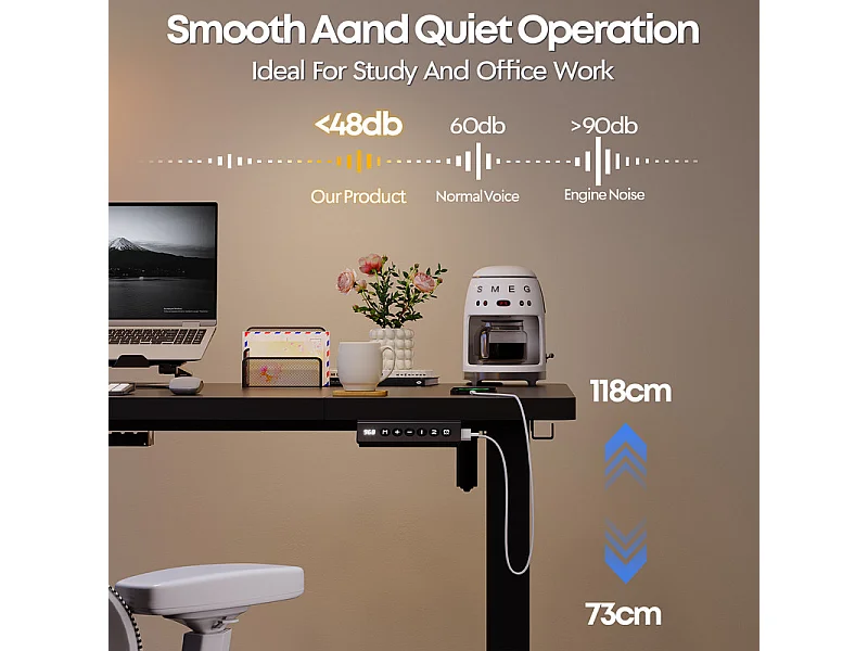 Bureau assis-debout électrique 140x80cm, réglable en hauteur avec tiroirs, port USB-A, gestion des câbles, 5 positions de mémoire, cadre sur pied, moderne.