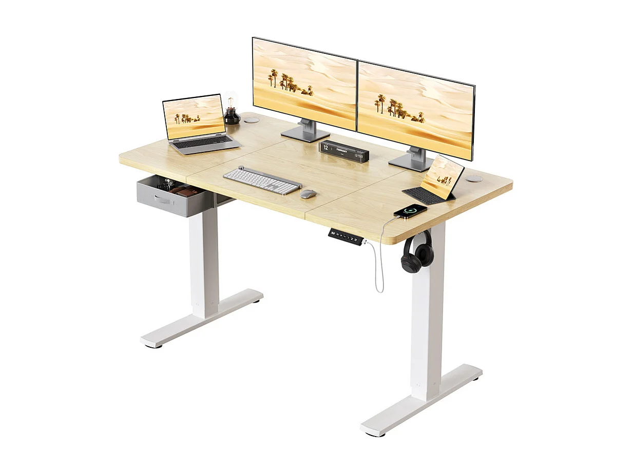 Bureau assis-debout électrique 140x80cm, réglable en hauteur avec tiroirs, port USB-A, gestion des câbles, 3 positions de mémoire, cadre sur pied, moderne.