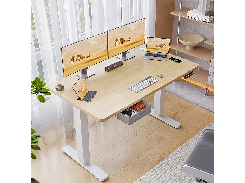 Bureau assis-debout électrique 140x80cm, réglable en hauteur avec tiroirs, port USB-A, gestion des câbles, 3 positions de mémoire, cadre sur pied, moderne.