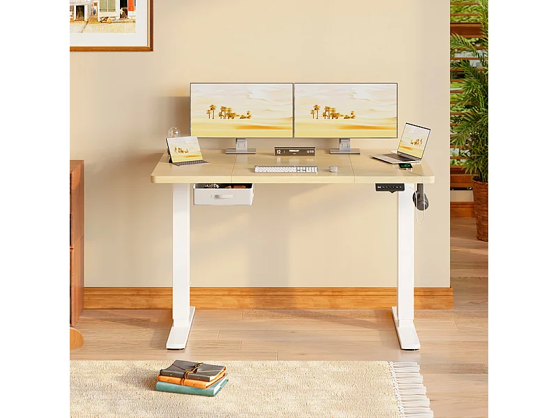 Bureau assis-debout électrique 140x80cm, réglable en hauteur avec tiroirs, port USB-A, gestion des câbles, 3 positions de mémoire, cadre sur pied, moderne.