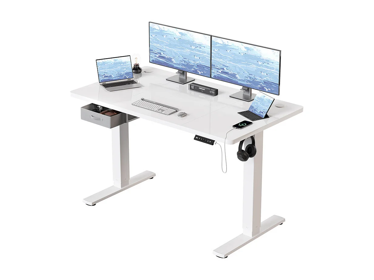 Bureau assis-debout électrique 140x80cm, réglable en hauteur avec tiroirs, port USB-A, gestion des câbles, 4 positions de mémoire, cadre sur pied, moderne.