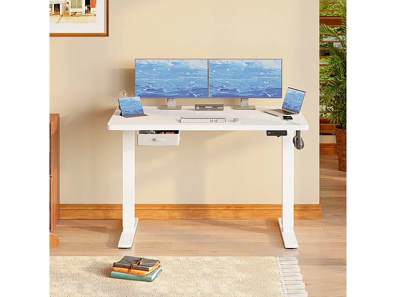Bureau assis-debout électrique 140x80cm, réglable en hauteur avec tiroirs, port USB-A, gestion des câbles, 4 positions de mémoire, cadre sur pied, moderne.