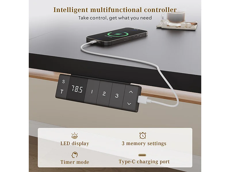 Bureau assis-debout électrique avec port de chargement USB-C, bureau ergonomique à hauteur réglable avec passe-câbles, pour bureau à domicile