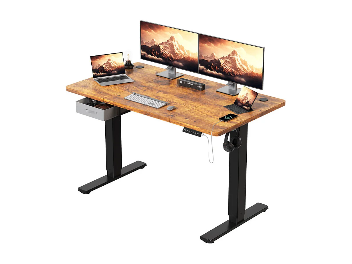Bureau assis-debout électrique 140x80cm, réglable en hauteur avec tiroirs, port USB-A, gestion des câbles, 11 positions de mémoire, cadre sur pied, moderne.