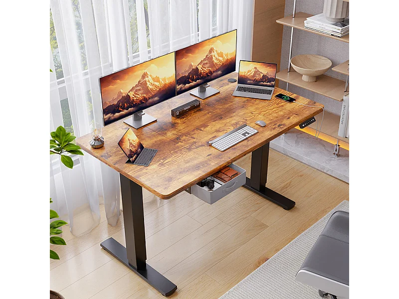 Bureau assis-debout électrique 140x80cm, réglable en hauteur avec tiroirs, port USB-A, gestion des câbles, 11 positions de mémoire, cadre sur pied, moderne.