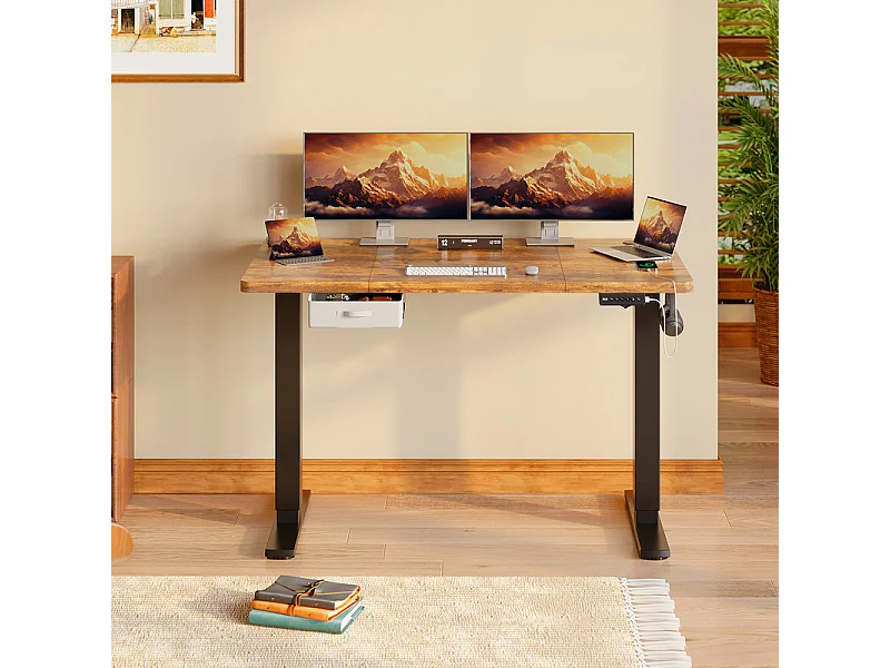 Bureau assis-debout électrique 140x80cm, réglable en hauteur avec tiroirs, port USB-A, gestion des câbles, 11 positions de mémoire, cadre sur pied, moderne.