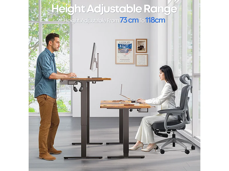 Bureau assis-debout électrique 140x80cm, réglable en hauteur avec tiroirs, port USB-A, gestion des câbles, 11 positions de mémoire, cadre sur pied, moderne.