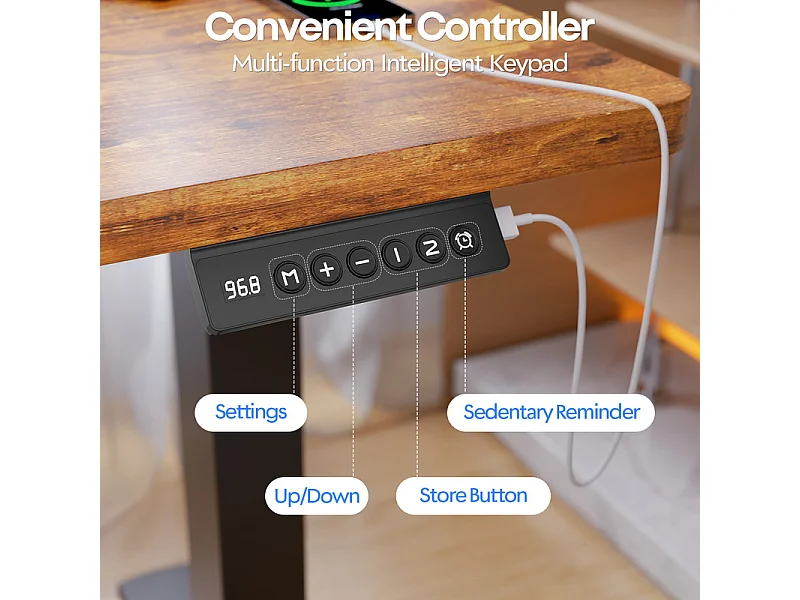 Bureau assis-debout électrique 140x80cm, réglable en hauteur avec tiroirs, port USB-A, gestion des câbles, 11 positions de mémoire, cadre sur pied, moderne.