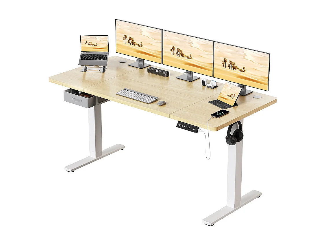 Bureau assis-debout électrique 140x80cm, réglable en hauteur avec tiroirs, port USB-A, gestion des câbles, 9 positions de mémoire, cadre sur pied, moderne.